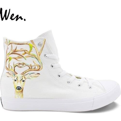 Wen Original Design Hand Painted Canvas Shoes Milu Deer High Top Custom Gifts Female Sneakers Male Skateboarding Shoes White