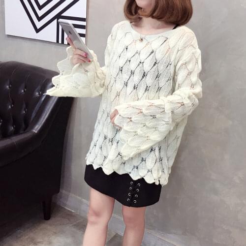 Spring Fashion Sweaters for Women Korean Thin Style Hollow Out Flare Sleeve Pullover Knitwear Pink Yellow White jersey mujer