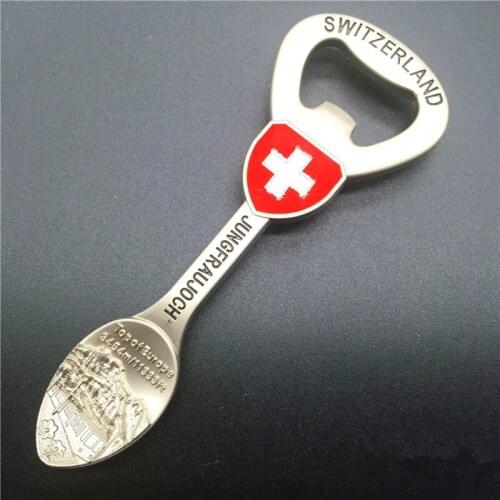 High Quality Metal Switzerland Travel Souvenir Fridge Magnets Gungfraujoch Openers Spoon Refrigerator Magnetic Stickers