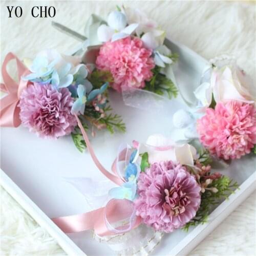YO CHO Groom Boutonniere Wrist Corsage Artificial Rose Flower Wedding Boutonniere Men Brooch Pins Girl Bracelet Wedding Flower