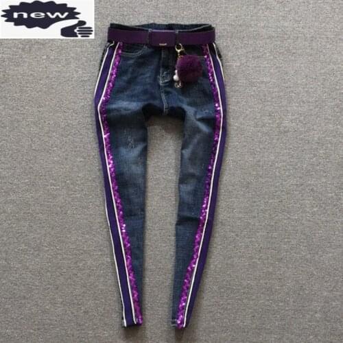 2021 Women Jeans High Street Elastic Skinny Pencil Fashion Striped Sequined Denim Pants Large Size Female Casual Trousers