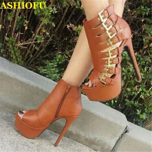 ASHIOFU Handmade New Ladies High Heel Boots Buckle-straps Peep-toe Party Prom Autumn Boots Platform Sexy Evening Fashion Boots