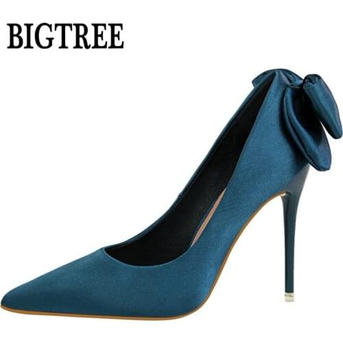 BIGTREE New Women Fashion Pumps High Heel Shoes Shallow Sweet Small Bowknot Single Shoes Pointed Silk Sewing Single Shoes Woman