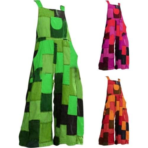 Women Jumpsuit Sleeveless Color Block Geometric Print Backless Wide Leg Pockets Loose Dungarees Overalls Sexy Wide Leg Pants