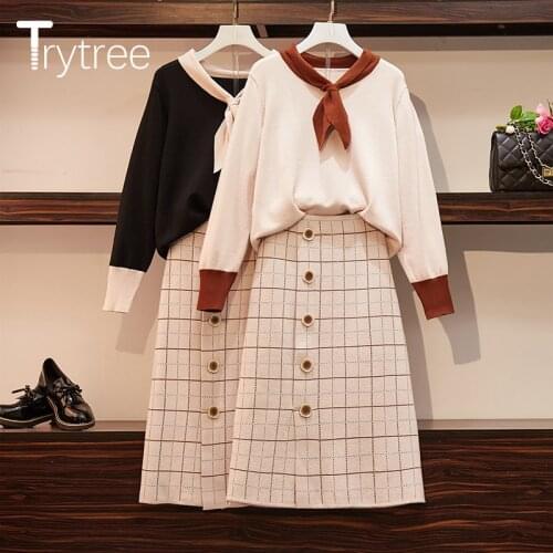 Trytree 2020 AW Women Casual Two piece set Sailor Collar Sweater + Skirt Elastic Waist Plaid Mid-Calf Office Lady 2 Piece Set