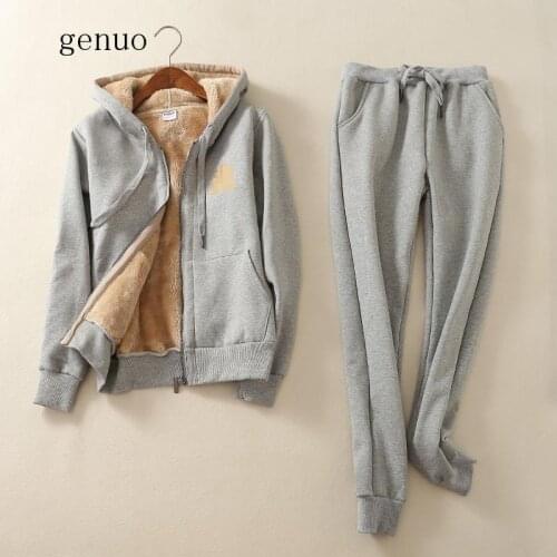 Womens Winter Warm Suit 2 Piece Tracksuit For Women Long Sleeve Thicken Hooded Sweatshirts Cashmere Sports Suits For Women