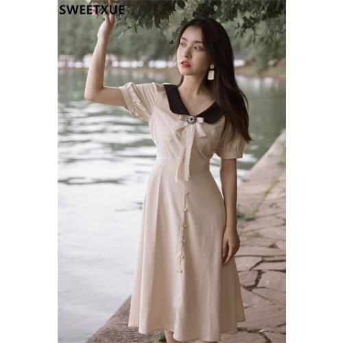 SWEETXUE 2021 Summer Fairy Retro Bow Single-breasted Temperament Dress Womens Elegant Chic Party Fairy Female Vestido Mujer