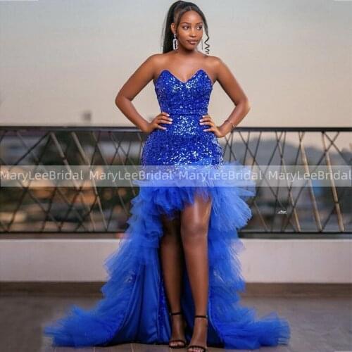 Royal Blue High Low Prom Dresses With Ruffles Sweetheart Sparkly Sequins Fishtail Evening Dress robe de bal Long Prom Party Gown