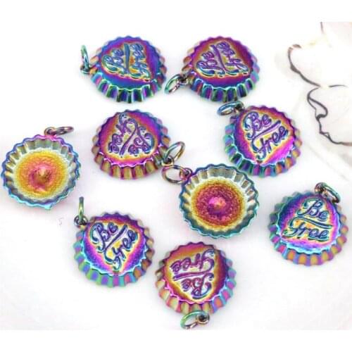10Pcs, 15mm Rainbow Enamel Be Free Word On Bottle Cap Shape Pendant,Gold Enamel Charm, Necklace Bracelet Charm Pendant