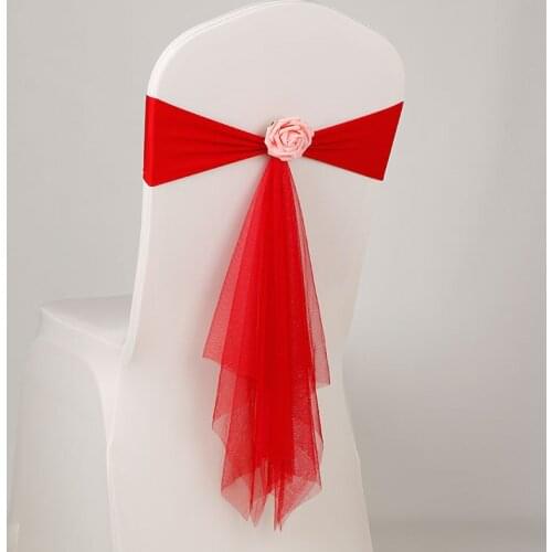 14 Colours spandex sash with rose ball artifical flower and organza chair sash wedding lycra bow tie band wholesale chair sash