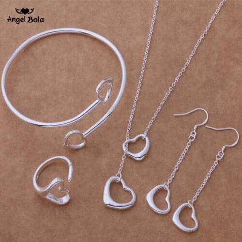 4pcs/set Heart Necklace Wholesale High Quality 925 Sterling Silver Fashion Bracelet Jewelry Set Ring Earring Drop Shipping
