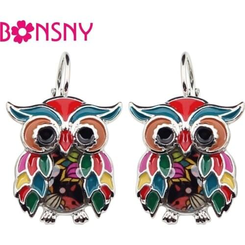 Bonsny Enamel Colorful Big Eyes Owl Earrings Stud French Clip Alloy Novelty Animal Jewelry For Girls Women Charms Accessories
