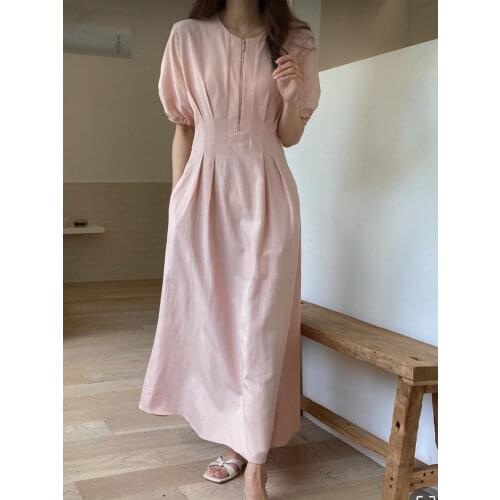 New One-Piece Korean Fashion WomenS Dress Summer 2021 Elegant O Neck Bat Sleeve Pleated Solid Office Ladies Casual Long Dresses