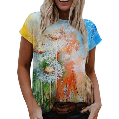 Flowers Printing Round Neck T Shirt Womens Fashion Casual Plus Size Scenic T-shirt Tops Camisetas De Mujer Футболка Оверсайз
