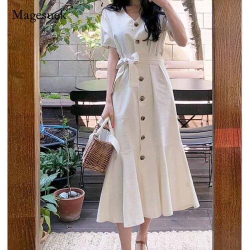 Short Sleeve Lace Up Summer Long Dress Women Elegant High Waist Party Dresses V-Neck Trumpet Button Vintage Dress Robes 10256