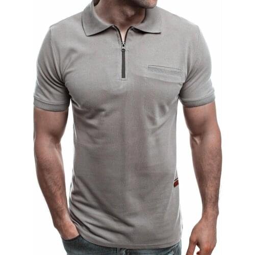 Summer Solid Color Men Patch Pocket Zipper Turn Down Collar Short Sleeve T-Shirt Mens Clothing