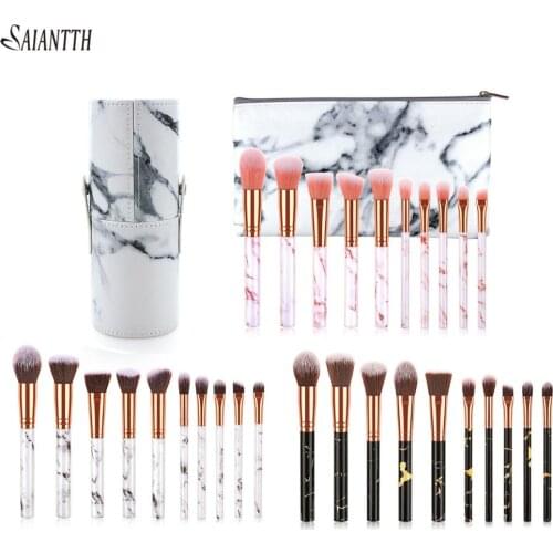 Saiantth 10pcs Marble Makeup Brushes Set Blush Eye Shadow Brush Professional Beauty Tool Bag Bucket OPP Pack Foundation Powder