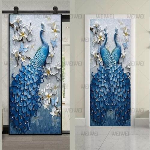 Blue Peacock Door Stickers Branch Embossed Feeling Bedroom Door Decals Modern Waterproof Elegant Two Piece Set Room Decoration