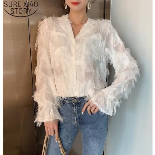 New Spring Shirts Vintage Blouse Women White Long Sleeve Blouses Button Hong Kong Style Feather Shirt Tassel Chiffon Tops 12692