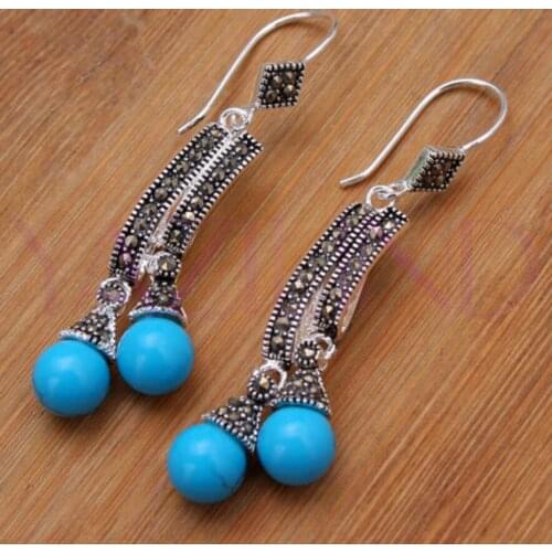 Hot Sell Round Balls Blue Natural jade 925 Sterling Silver Hooks Earrings