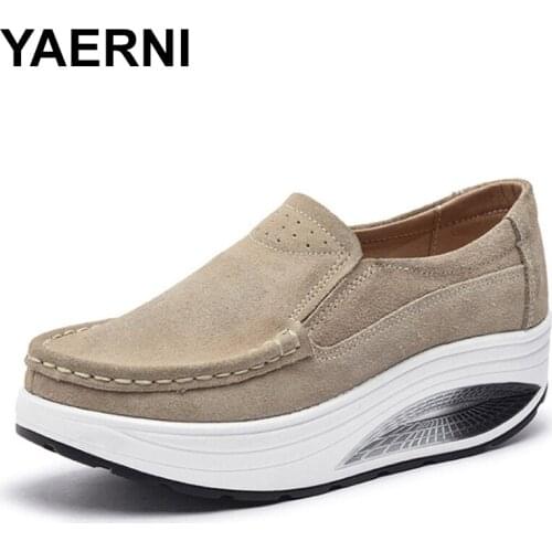 YAERNI High Heels Shoes Women Suede Leather Platform Wedges Shoes 2019 Zapatos Mujer pring Autumn Slip On Shoes For WomenE884