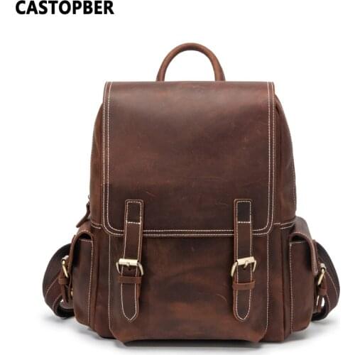 Best Vintage Men Crazy Horse Cowhide Genuine Leather Backpacks With Side Pockets Top Handles Daypacks Zipper Flap Closure Male