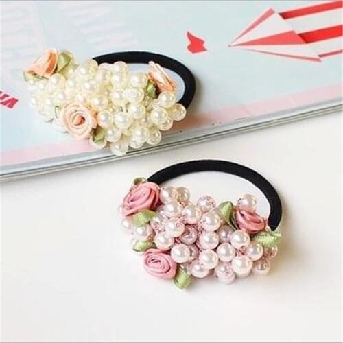Fashion Women scrunchies flower beaded pearl headband rubber elastic hair bands girls Ponytail Holder hair accessories