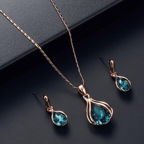 Vintage Female Blue Crystal Jewelry Set Charm Rose Gold Color Dangle Earrings For Women Simple Geometry Wedding Chain Necklace