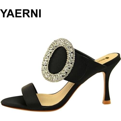 YAERNI Crystal Buckle Womens Slippers Open Toe Soft Silk Platform Sexy Party Shoes High Heels Women Outdoor Slippers