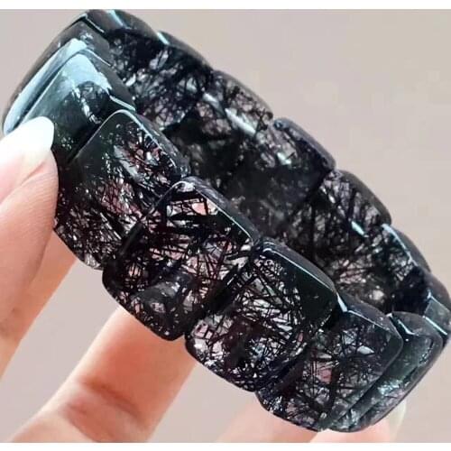 Genuine Natural Black Rutilated Quartz Clear Rectangle Beads Women Bracelet 18x13mm AAAAA