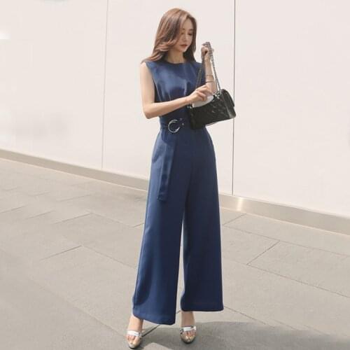 2019 Summer Fashion Women Jumpsuits O-neck Sleeveless Belted Slim Elegant Overalls Loose Wide-leg Chiffon Office Lady Romper