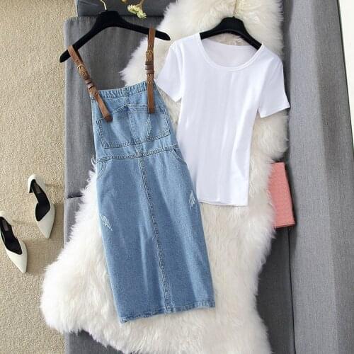 2021 Fashion Denim Dress Summer Ladies Ripped Jeans Dresses Female Loose Blue Pocket Long Suspenders Cowboy Dress Vestido