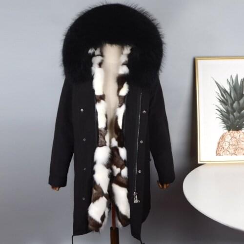 Womens Parker Coat Natural Fox Fur Liner Real Raccoon Fur Collar Winter Unisex Outerwear Warm Clothes for Woman 5XL Plus Size