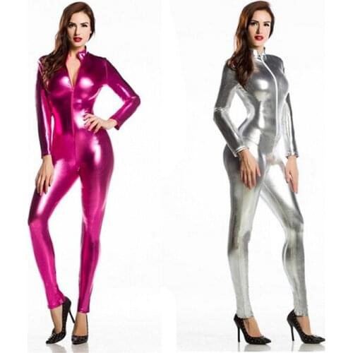 2021 Metallic Lycra Turtleneck Long Sleeve Unitard Black Adult One Piece Wet Look Footed Mock Neck Shiny Dance Catsuit