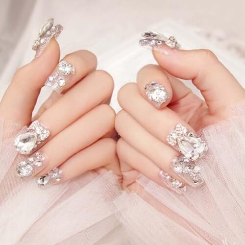 Full Cover Acrylic Nail Art Tips With Glue 3D Shining Rhinestones Wedding Beauty Fake Nail Girls DIY Fashion False Nails