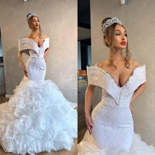 White Mermaid Wedding Dresses With Tiered Skirts Ruffles Off The Shoulder Arabic Country Wedding Gowns Applique Vestido De Noiva