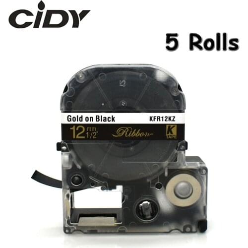 CIDY 5pcs Satin Ribbon 12mm*5m Gold on Black label tape SFR12KZ Christmas Wedding Decorative Gift Wrapping Belt for LW300 LW400
