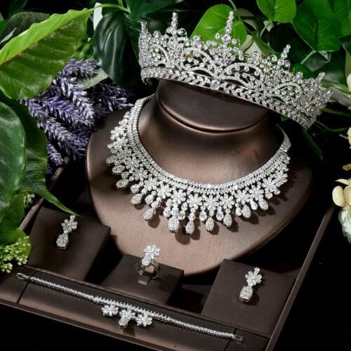 HIBRIDE Shiny Cubic Zircon Wedding Bridal Jewelry Sets 5pcs Flower Mariage Headband Tiaras Earring Necklace Set For Women N-1633