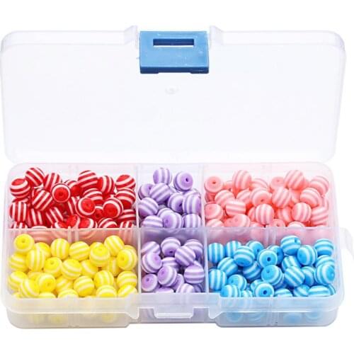250PCs 8mm 5 Color Mixed with Box Round Loose Spacer Hole Beads Stripe Space Acrylic Resin Necklace Beads for Jewelry Making