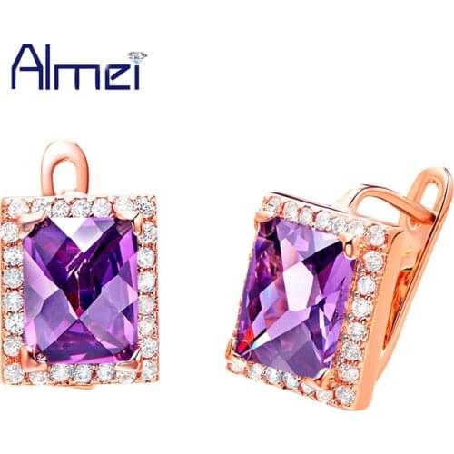 Fashion Crystal Rose Gold Color with Cubic Red/Purple Stone Stud Earrings for Woman Weddding Bridal Girl Brithday Gift R276