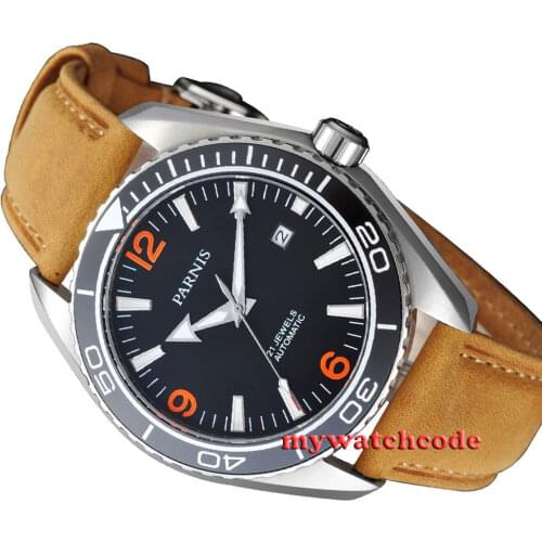 45mm Parnis Orange numbers Sapphire Glass Ceramic Bezel Automatic mens Watch 388
