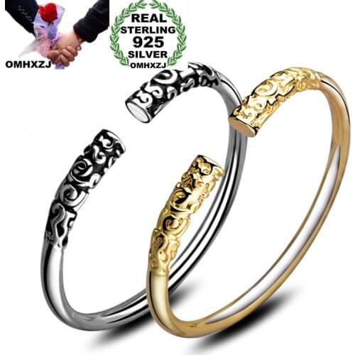 OMHXZJ Wholesale Personality Fashion Woman Girl Gift Part Engraved Open 925 Sterling Silver 18KT Gold Cuff Bangle Bracelet BR188