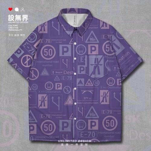 Japanese style color matching warning logo color Short-Sleeved shirt mens clothing Printed Shirts fashion Tops Summer Clothes