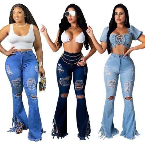 Sexy Women Denim Flared Distressed Jeans Trousers Hole Tassel Decoration High Waist Ripped Design Summer Clothing Pants