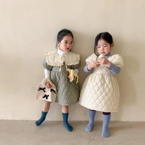 Girls Quilted Dress Autumn and Winter Clothes Solid Color New Children Doll Collar Padded Cotton Short Sleeve Princess Dresses