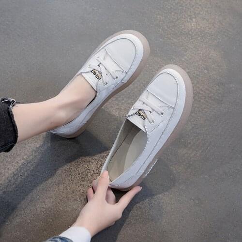 Women Flats Spring Summer White Shoes Genuine Leather Vantage Loafers Non-Slip Pregnant Shoes Breathable Walking Oxford Flat