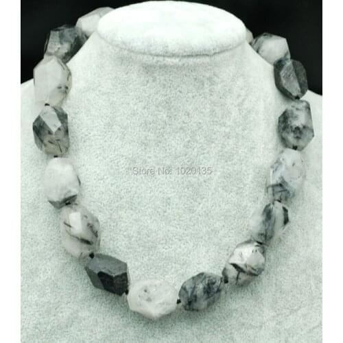 TOURMALATED QUARTZ black faceted baroque necklace 17.5" nature beads big size fashion