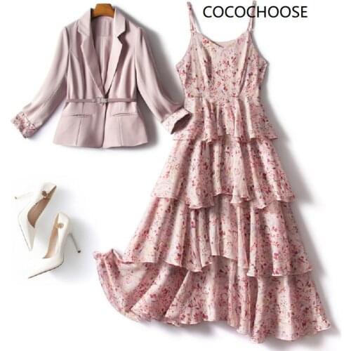 2021 spring women pink blazer suit plus size floral chiffon dress ruffles spaghetti strap sexy dresses elegant two piece outfits