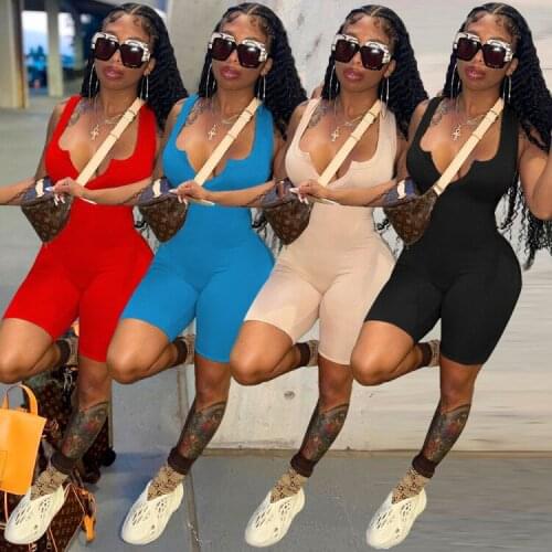 Solid Sleeveless V-Neck Rompers Elastic Waist Sport Women Jumpsuits Tank One Piece Overalls Outfits Playsuit