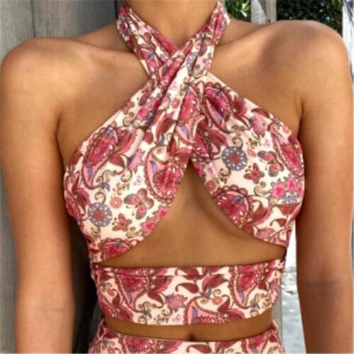 Womens Y2k Sexy Crisscross Halter Neck Cutout Crop Top Floral Print Sleeveless Bandage Backless Tank Top Summer Fashion Vest